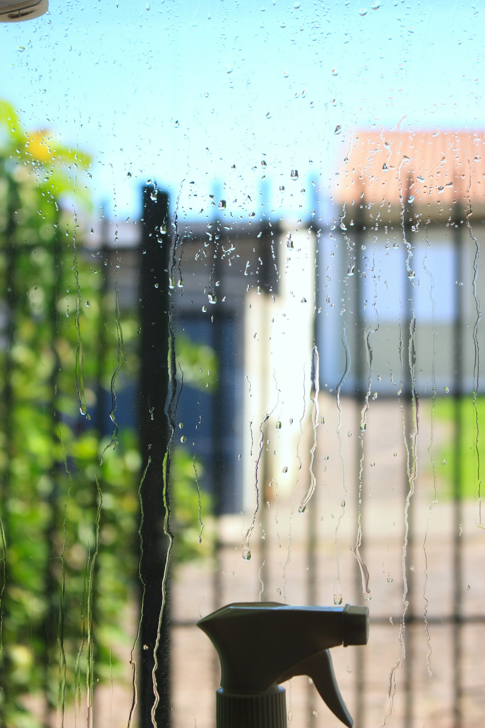 Close-up of a window being cleaned with spray and water droplets